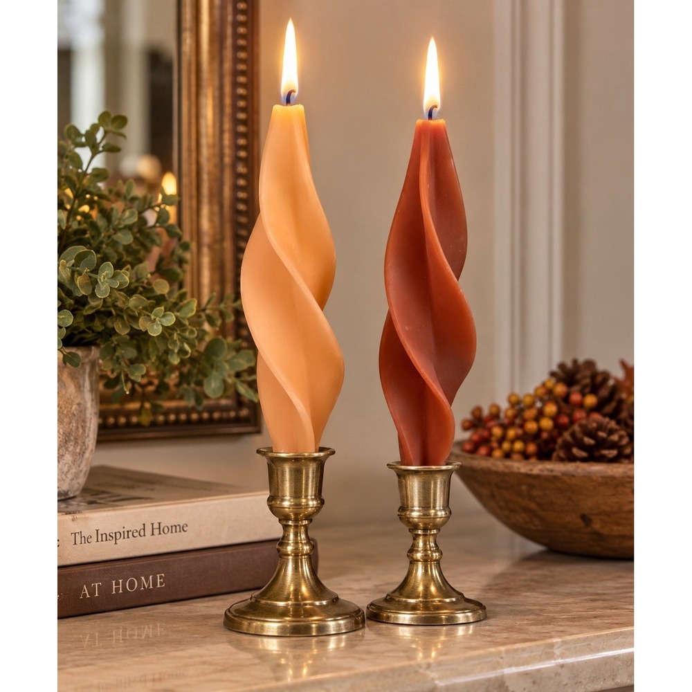 D'Adant Hand Crafted Lumieres 100% Beeswax Spiral Candles Nutmeg 8" Pair NOS